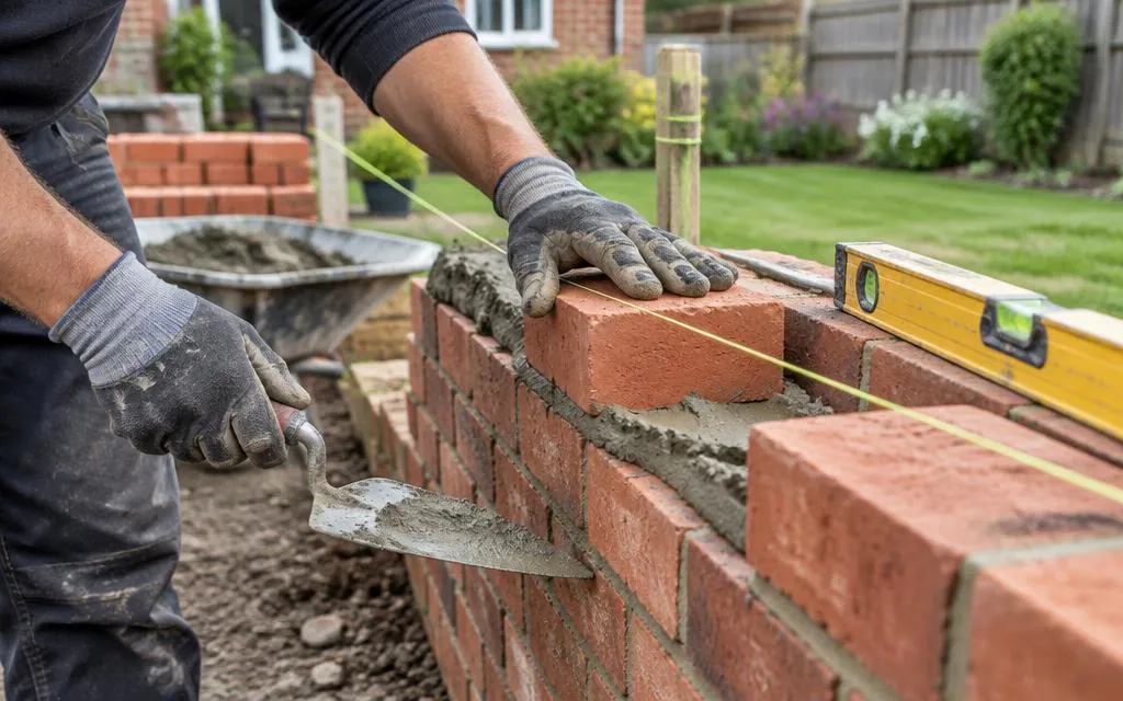 Bricklayer laying bricks on a garden wall