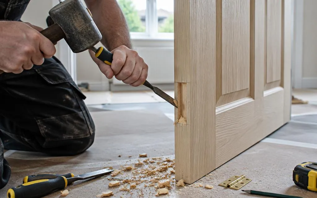 Carpenter fitting a hinge recess on a new internal door