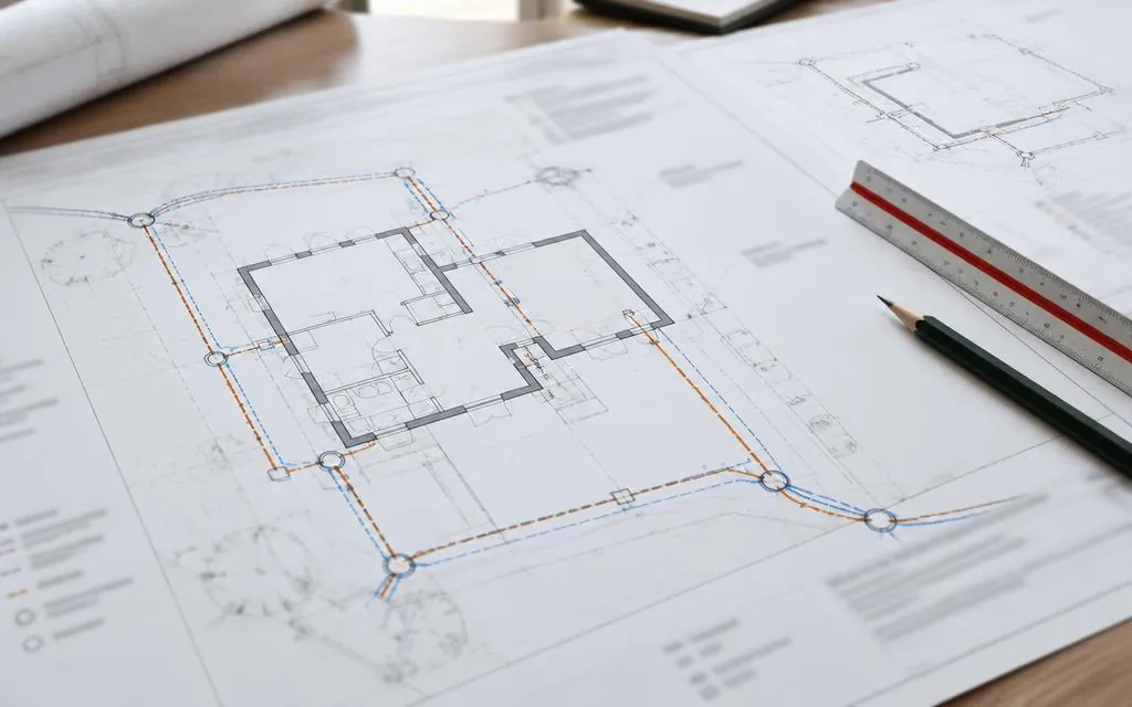 Residential drainage layout drawing showing pipe runs and manhole positions around a house extension