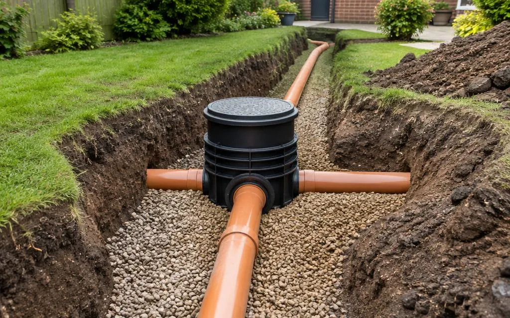New drainage pipes and inspection chamber in an open trench