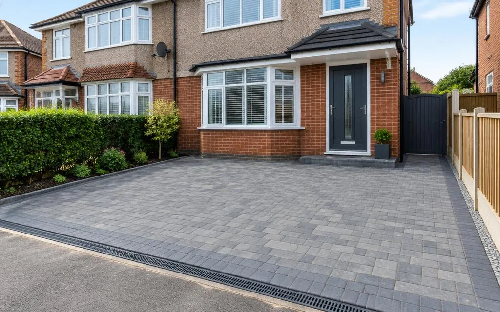 Newly installed block-paved driveway in front of a house