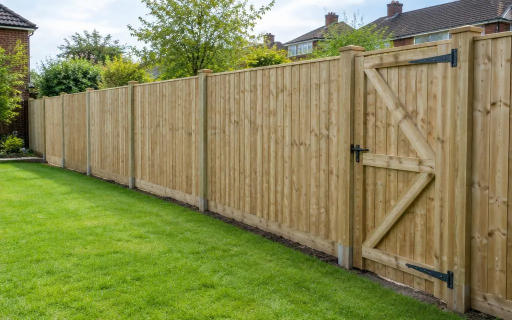 Newly installed timber fence and gate along a garden boundary