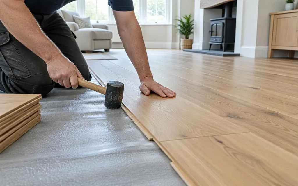 Engineered oak flooring being installed in a living room