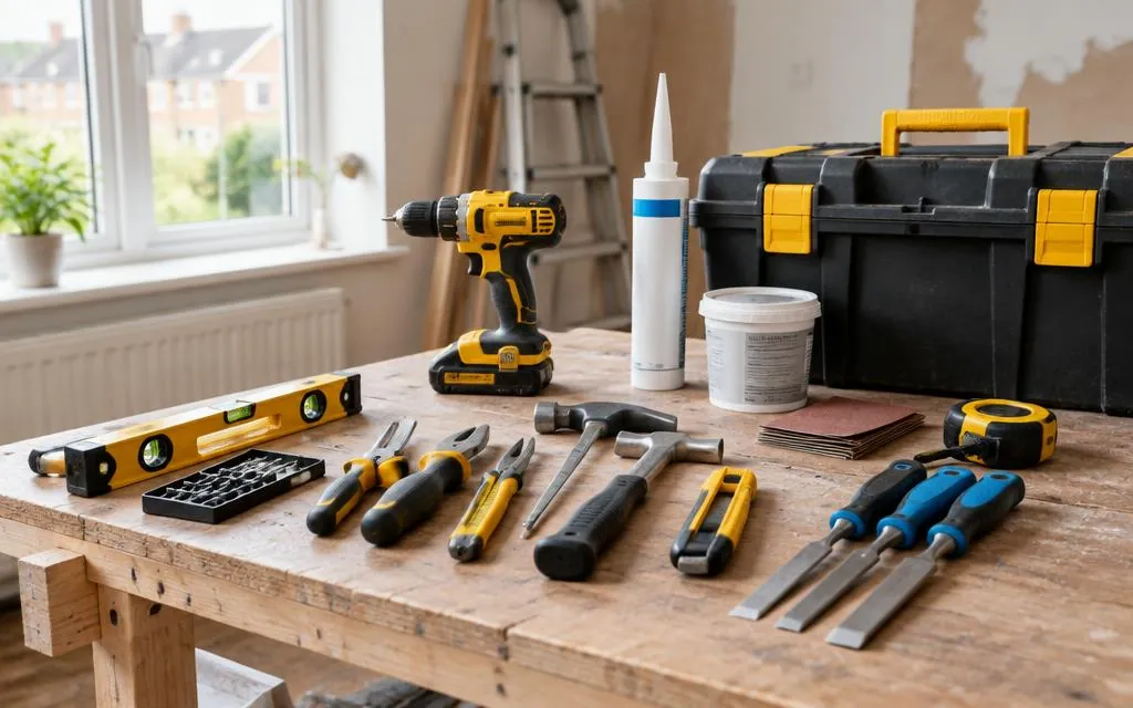 Hand tools and toolbox arranged for property maintenance work