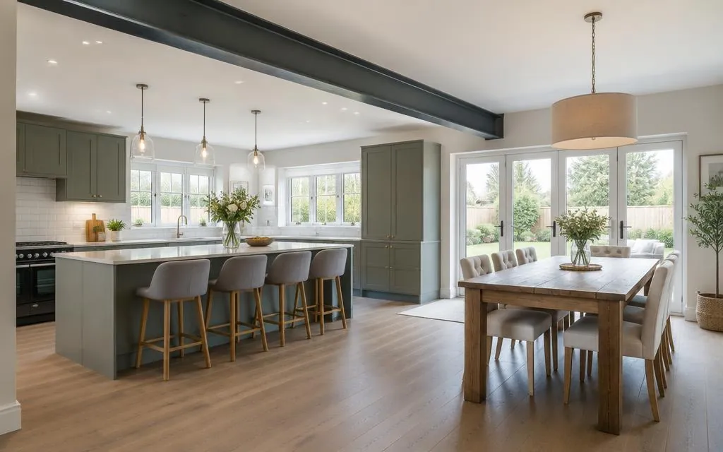 Open-plan kitchen and dining room with a steel beam spanning the ceiling