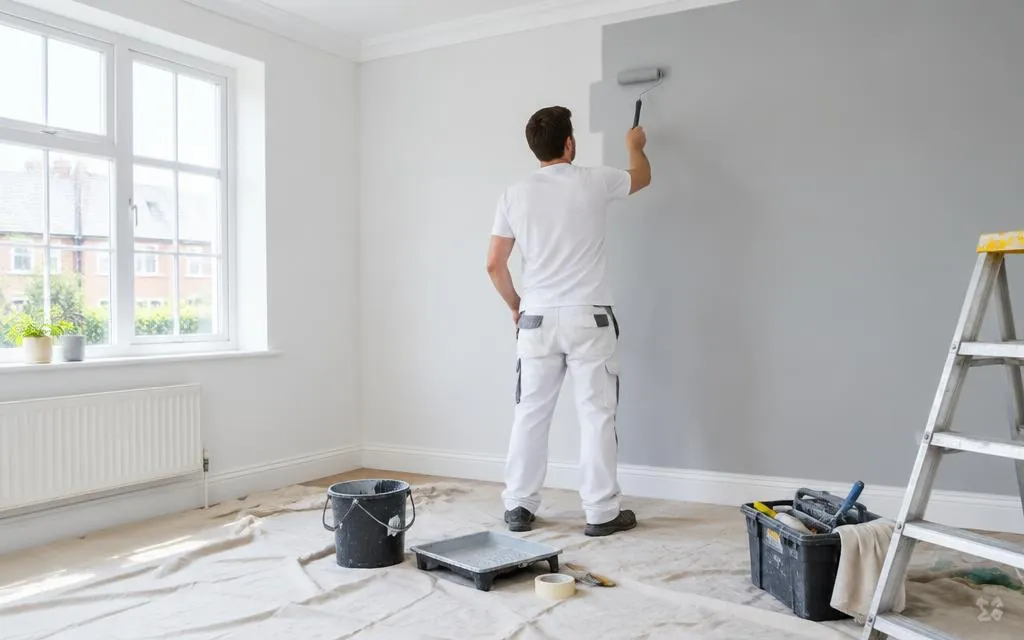 Decorator painting an interior wall with a roller
