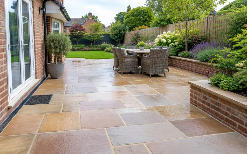 Newly laid natural stone patio in a back garden