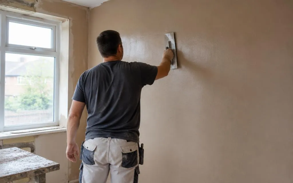 Plasterer skimming a wall to a smooth finish