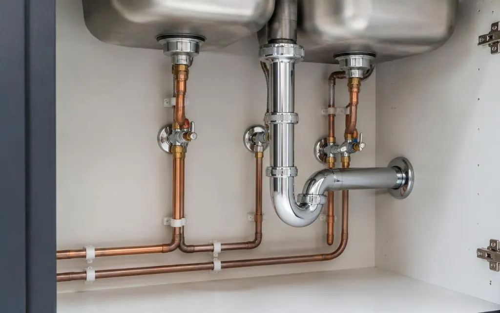 Newly installed copper pipework under a kitchen sink