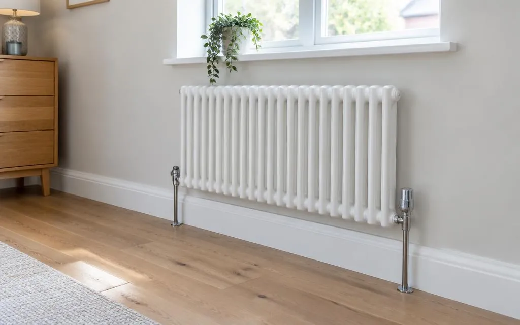 New column radiator installed on a freshly painted wall