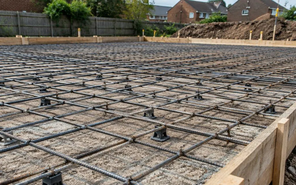 Steel reinforcement mesh prepared for a reinforced concrete slab