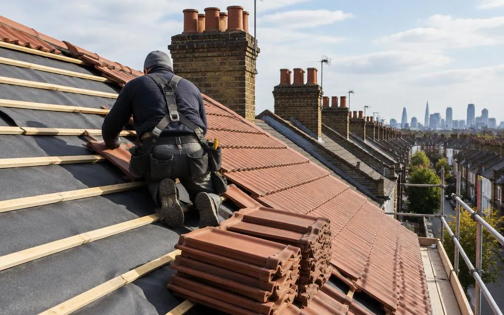 Roofer replacing clay tiles on a terraced house roof