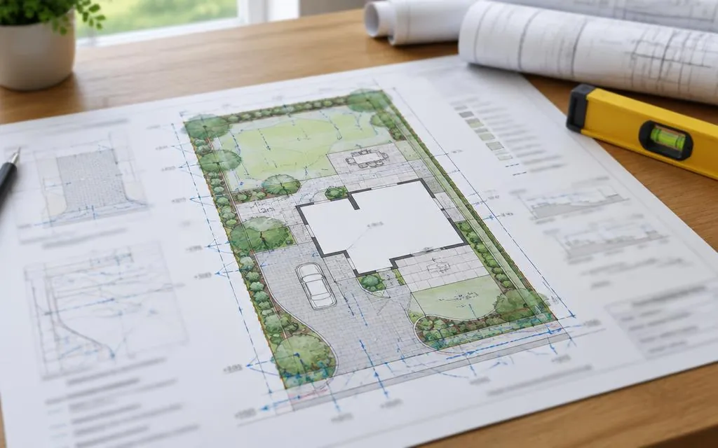Site layout drawing showing garden levels, paving and drainage around a house