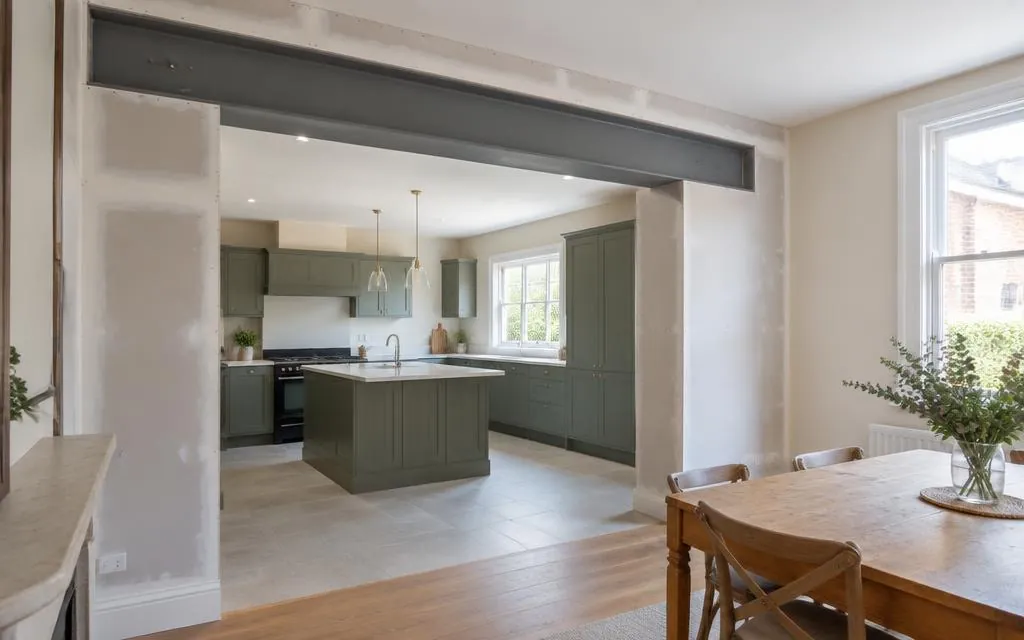 Steel beam installed across a new opening between a kitchen and dining room