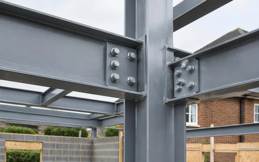 Bolted steel beam connections on a residential steel frame