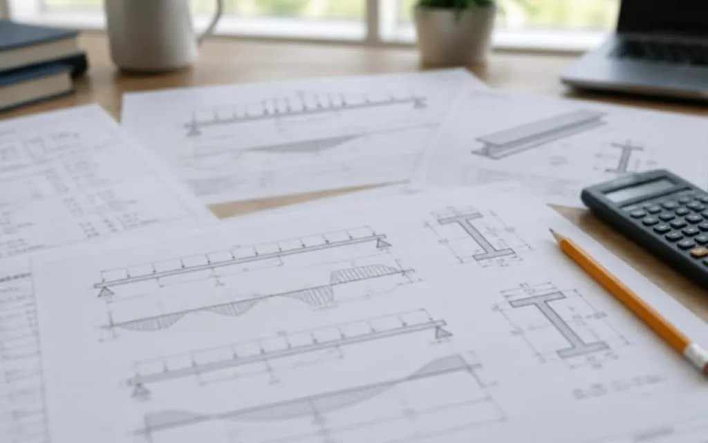 Structural engineering calculation sheets and beam design drawings on a desk