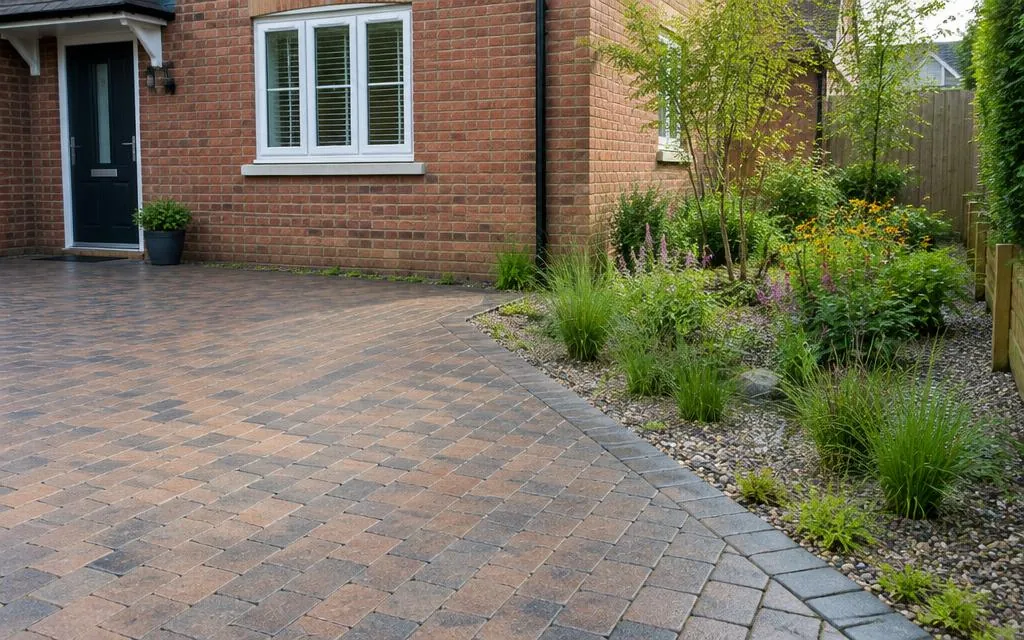 Permeable block-paved driveway with a rain garden border beside a brick house