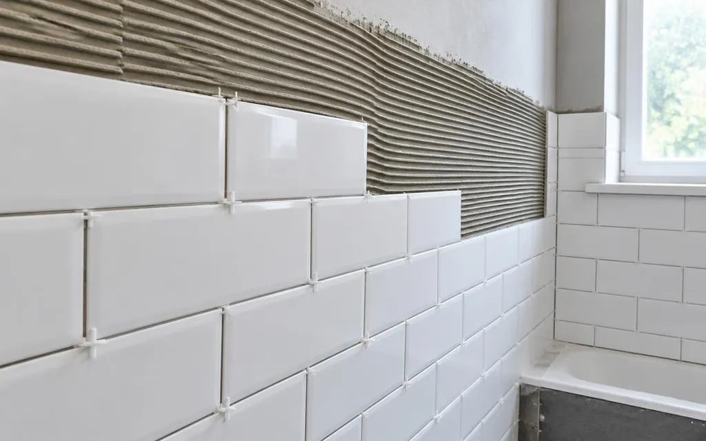 White metro wall tiles being laid in a bathroom